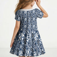 Hibiscus Bloom Island Tribal Waves Kid Short Sleeve Dress Blue Polynesian Pattern
