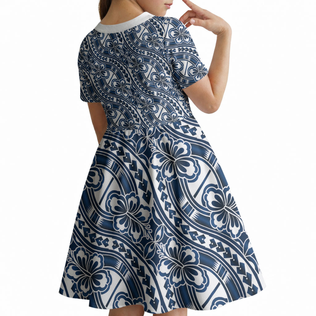 Hibiscus Bloom Island Tribal Waves Kid Short Sleeve Dress Blue Polynesian Pattern
