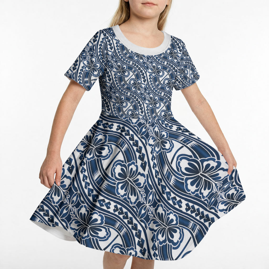 Hibiscus Bloom Island Tribal Waves Kid Short Sleeve Dress Blue Polynesian Pattern
