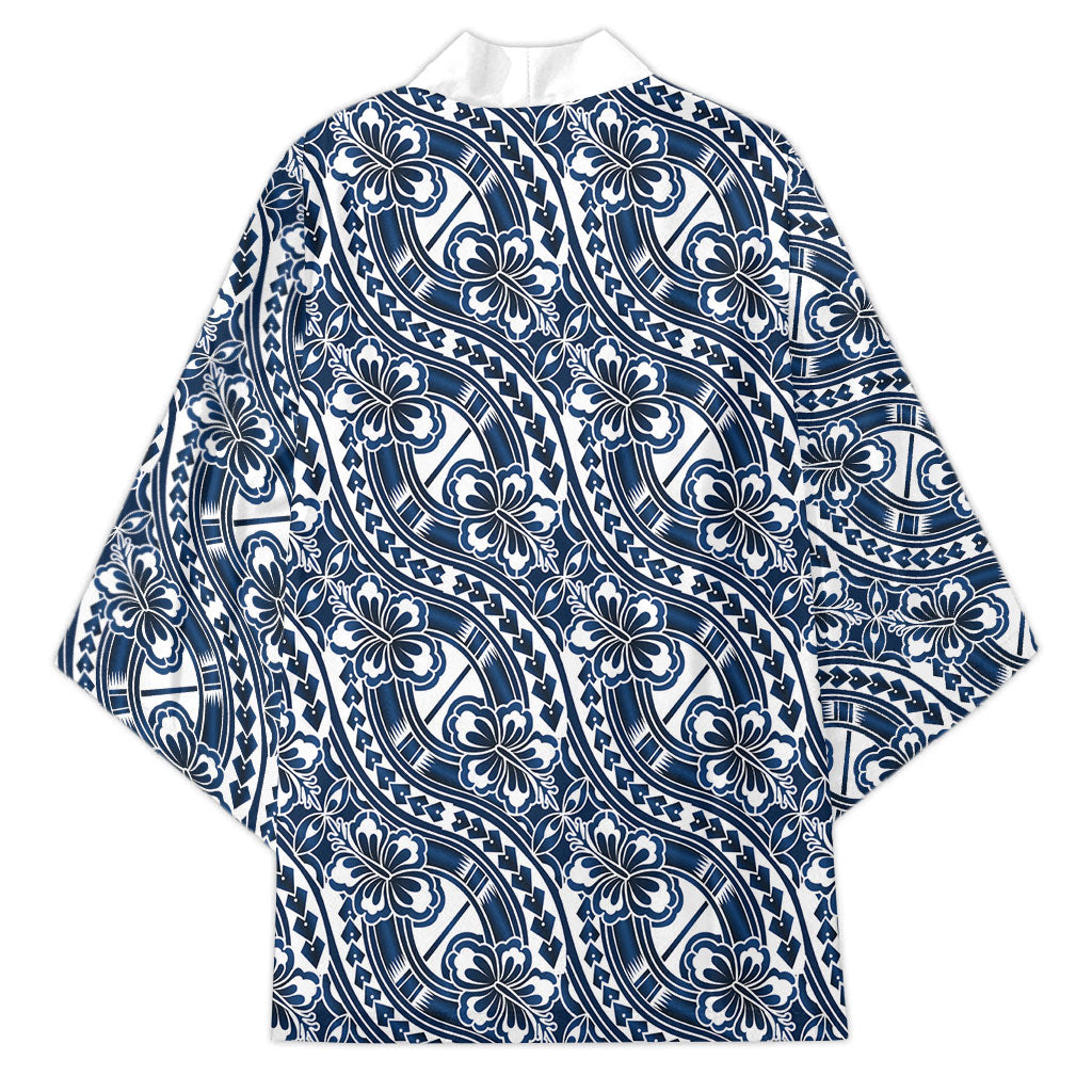 Hibiscus Bloom Island Tribal Waves Kimono Blue Polynesian Pattern