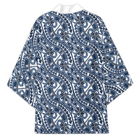 Hibiscus Bloom Island Tribal Waves Kimono Blue Polynesian Pattern