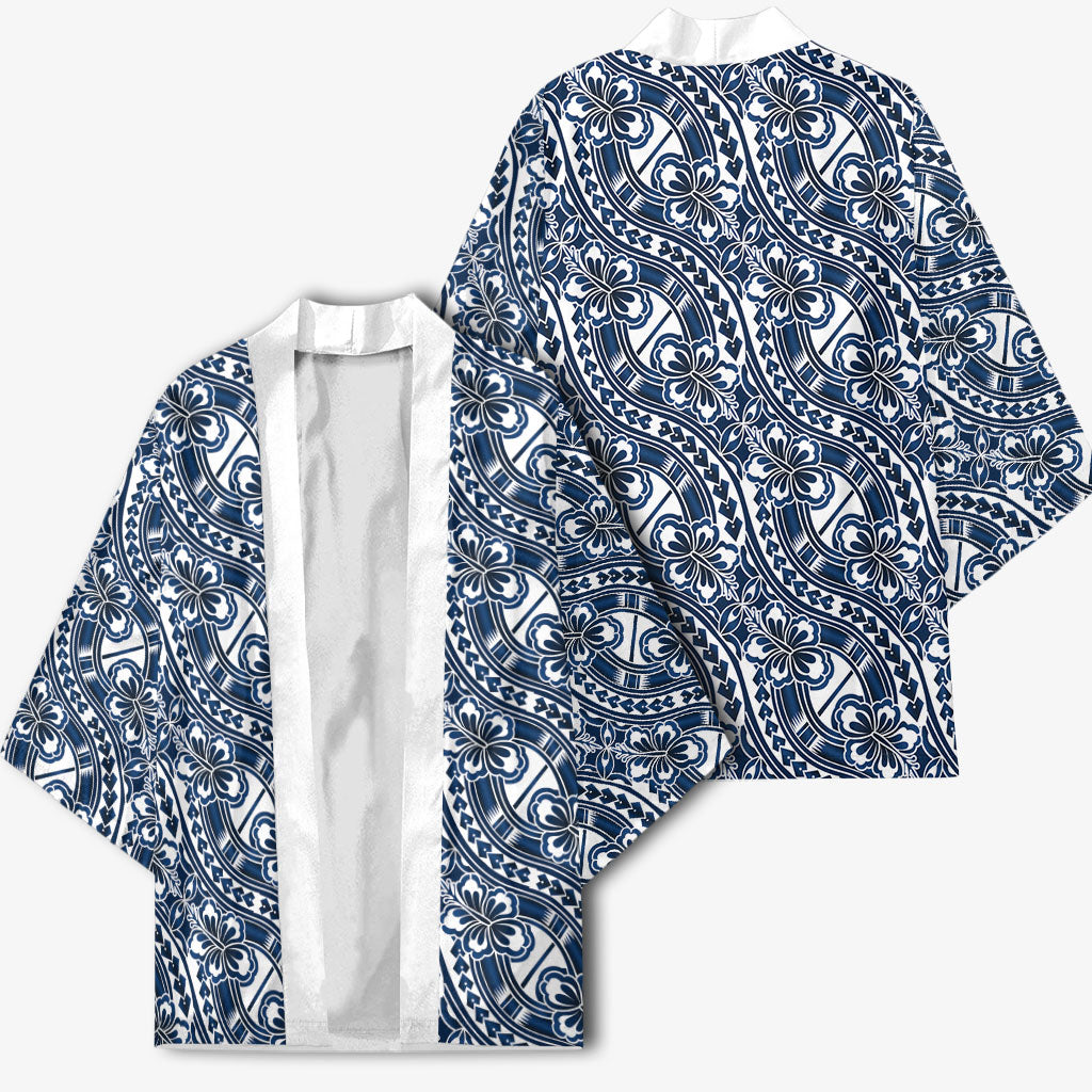 Hibiscus Bloom Island Tribal Waves Kimono Blue Polynesian Pattern