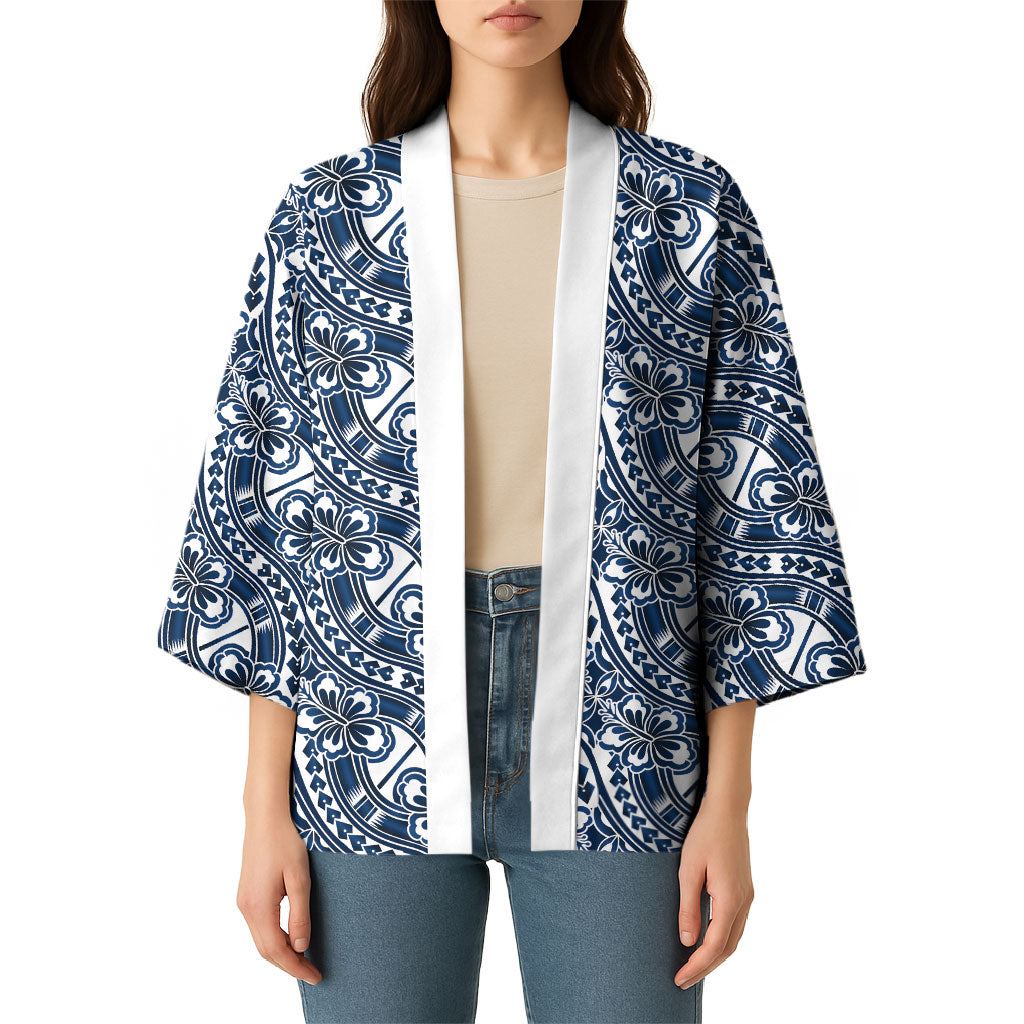Hibiscus Bloom Island Tribal Waves Kimono Blue Polynesian Pattern