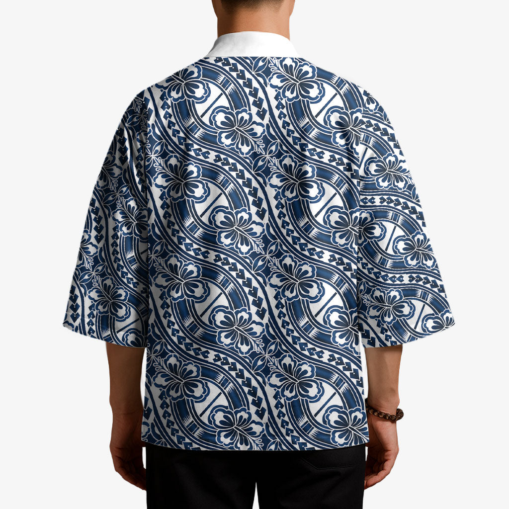 Hibiscus Bloom Island Tribal Waves Kimono Blue Polynesian Pattern