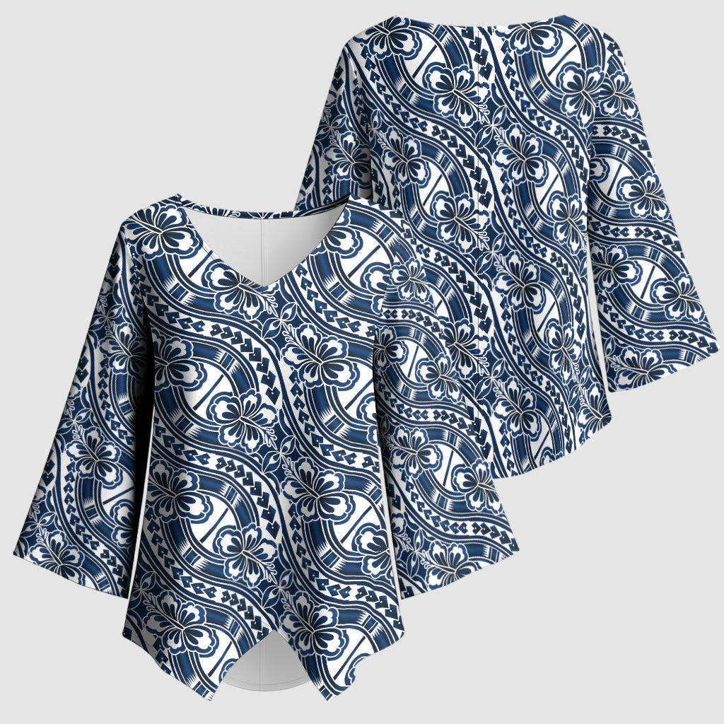 Hibiscus Bloom Island Tribal Waves Kimono Sleeve Blouse Blue Polynesian Pattern LT01 - Polynesian Pride