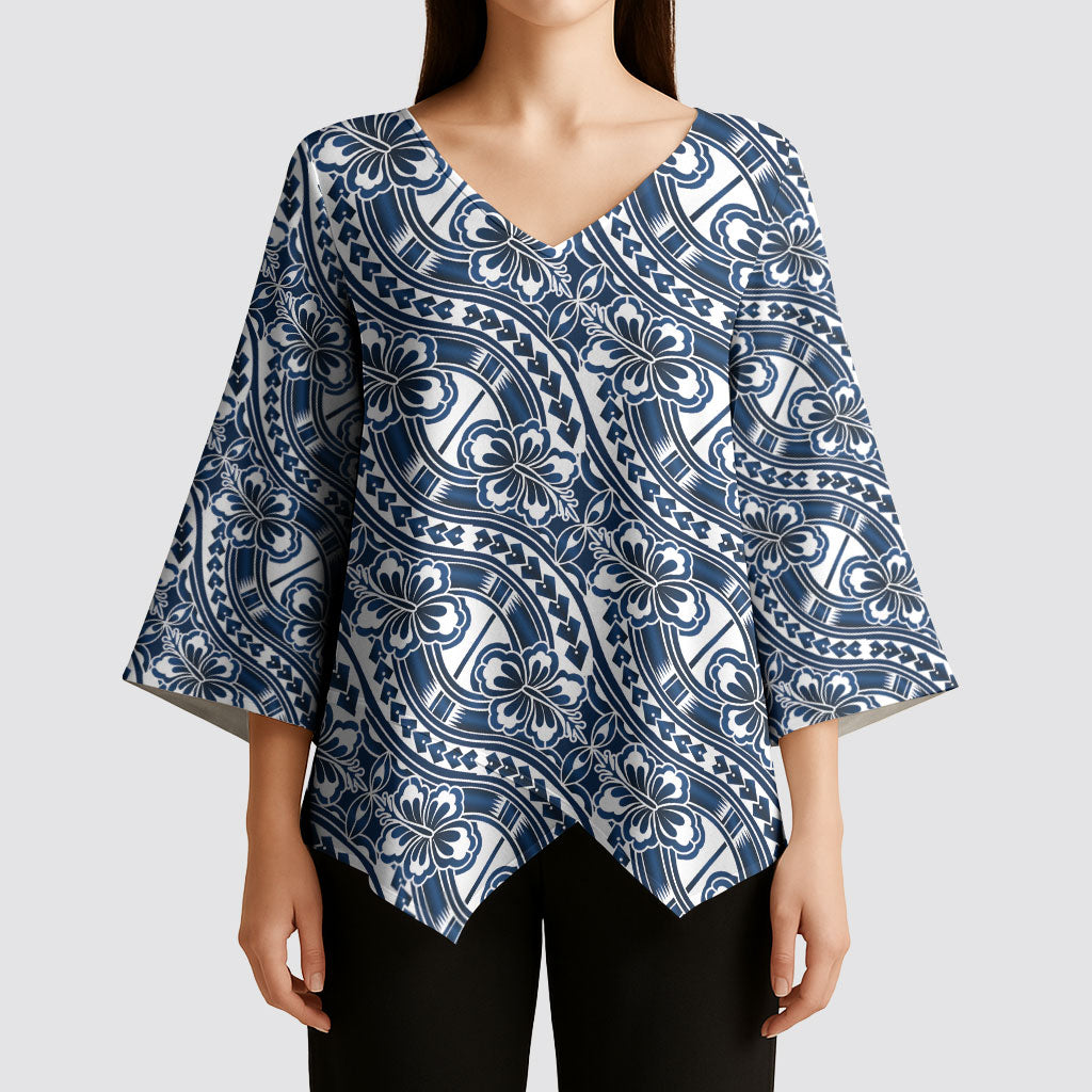 Hibiscus Bloom Island Tribal Waves Kimono Sleeve Blouse Blue Polynesian Pattern LT01 - Polynesian Pride