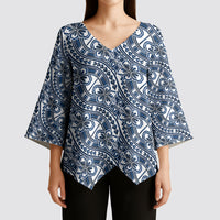 Hibiscus Bloom Island Tribal Waves Kimono Sleeve Blouse Blue Polynesian Pattern LT01 - Polynesian Pride