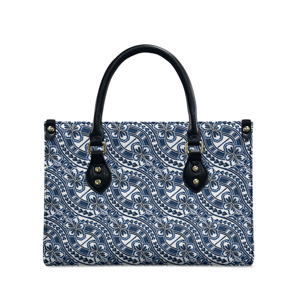 Hibiscus Bloom Island Tribal Waves Leather Bag Blue Polynesian Pattern