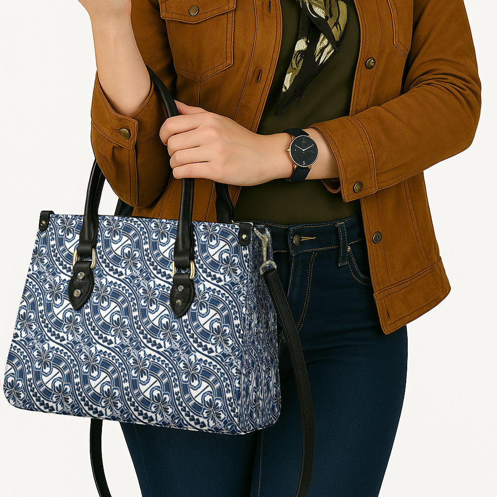 Hibiscus Bloom Island Tribal Waves Leather Bag Blue Polynesian Pattern
