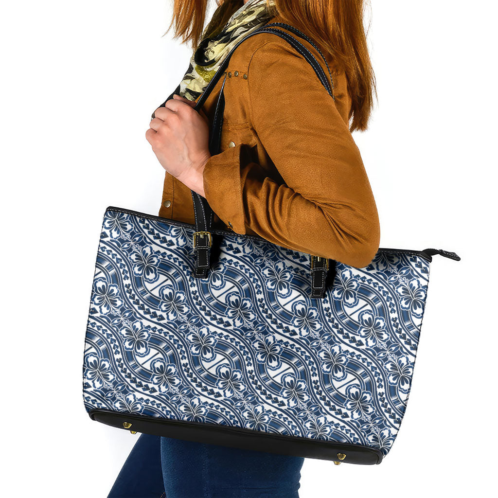 Hibiscus Bloom Island Tribal Waves Leather Tote Bag Blue Polynesian Pattern