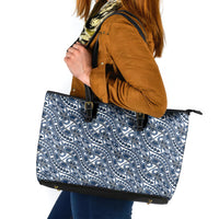 Hibiscus Bloom Island Tribal Waves Leather Tote Bag Blue Polynesian Pattern