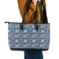 Hibiscus Bloom Island Tribal Waves Leather Tote Bag Blue Polynesian Pattern
