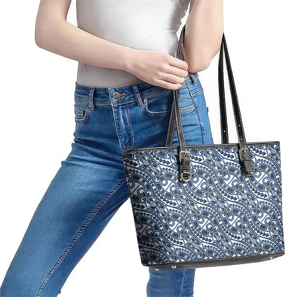 Hibiscus Bloom Island Tribal Waves Leather Tote Bag Blue Polynesian Pattern
