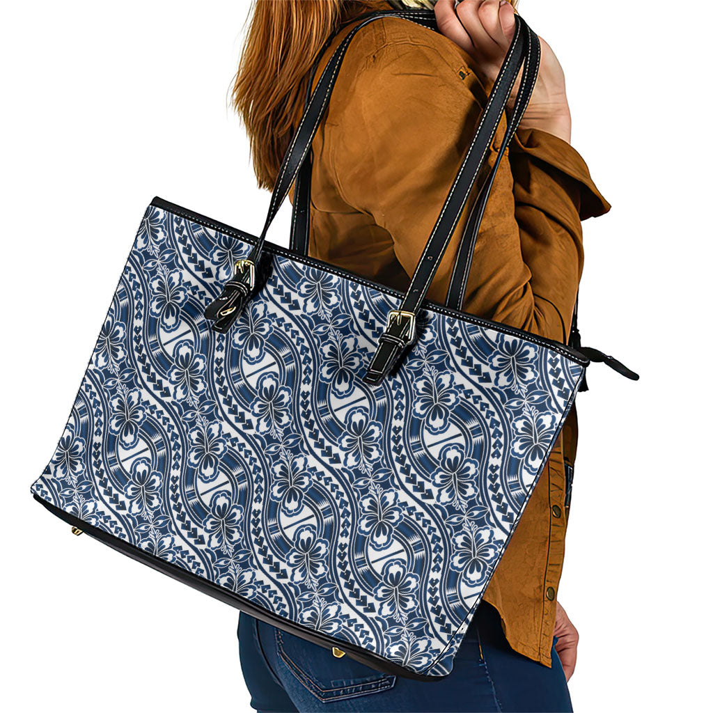 Hibiscus Bloom Island Tribal Waves Leather Tote Bag Blue Polynesian Pattern