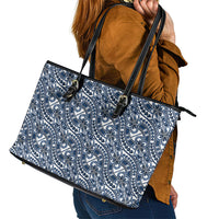 Hibiscus Bloom Island Tribal Waves Leather Tote Bag Blue Polynesian Pattern