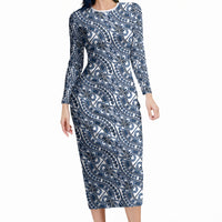 Hibiscus Bloom Island Tribal Waves Long Sleeve Bodycon Dress Blue Polynesian Pattern