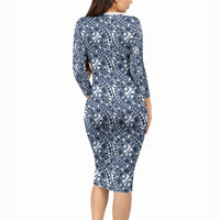 Hibiscus Bloom Island Tribal Waves Long Sleeve Bodycon Dress Blue Polynesian Pattern