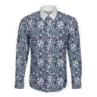 Hibiscus Bloom Island Tribal Waves Long Sleeve Button Shirt Blue Polynesian Pattern