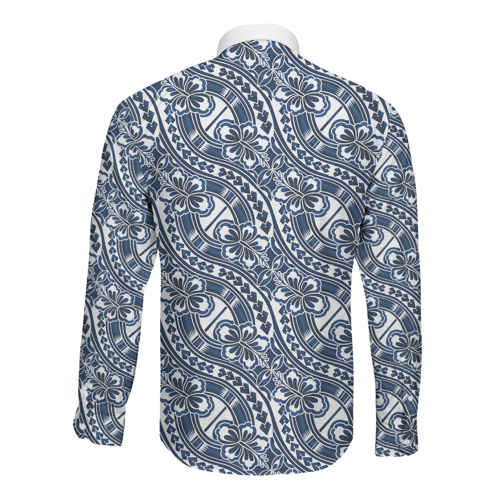 Hibiscus Bloom Island Tribal Waves Long Sleeve Button Shirt Blue Polynesian Pattern