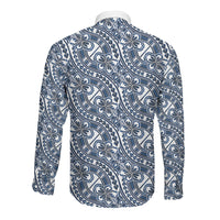 Hibiscus Bloom Island Tribal Waves Long Sleeve Button Shirt Blue Polynesian Pattern