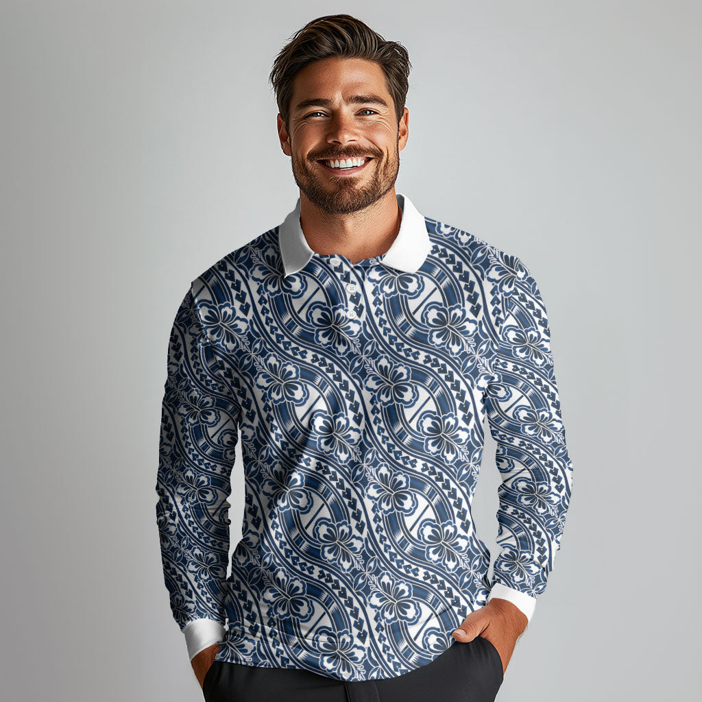Hibiscus Bloom Island Tribal Waves Long Sleeve Polo Shirt Blue Polynesian Pattern LT01 - Polynesian Pride