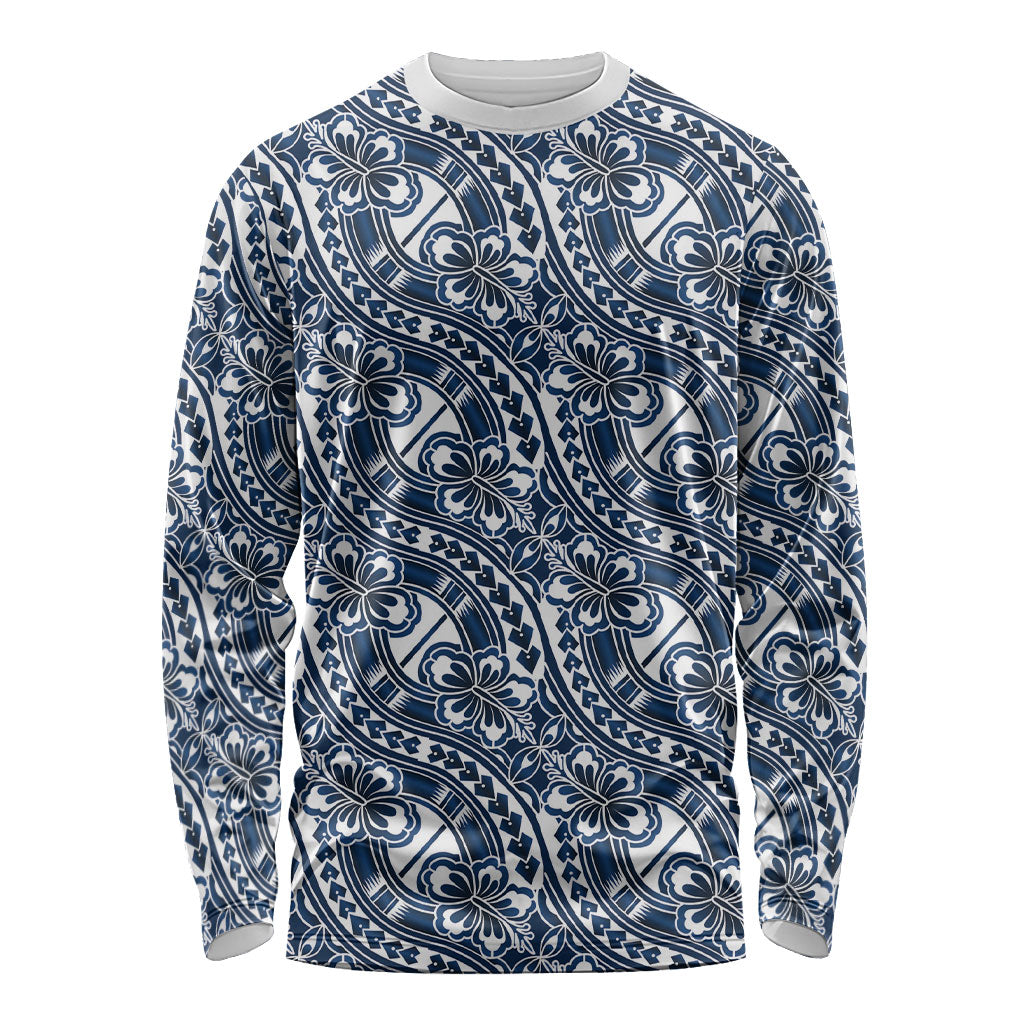 Hibiscus Bloom Island Tribal Waves Long Sleeve Shirt Blue Polynesian Pattern LT01 Unisex Blue - Polynesian Pride
