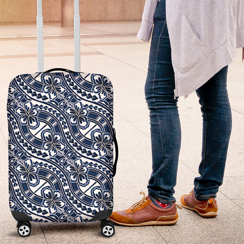 Hibiscus Bloom Island Tribal Waves Luggage Cover Blue Polynesian Pattern