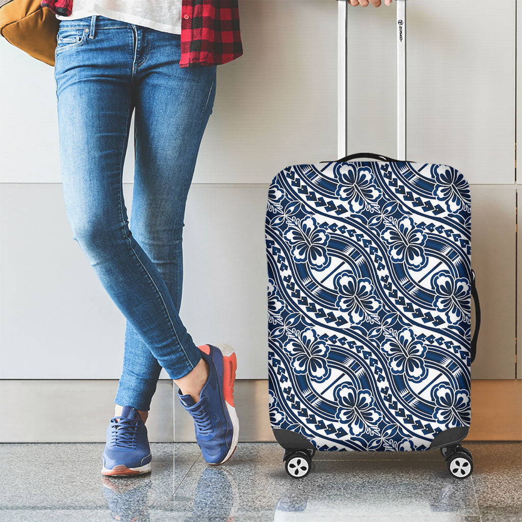 Hibiscus Bloom Island Tribal Waves Luggage Cover Blue Polynesian Pattern