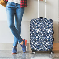 Hibiscus Bloom Island Tribal Waves Luggage Cover Blue Polynesian Pattern