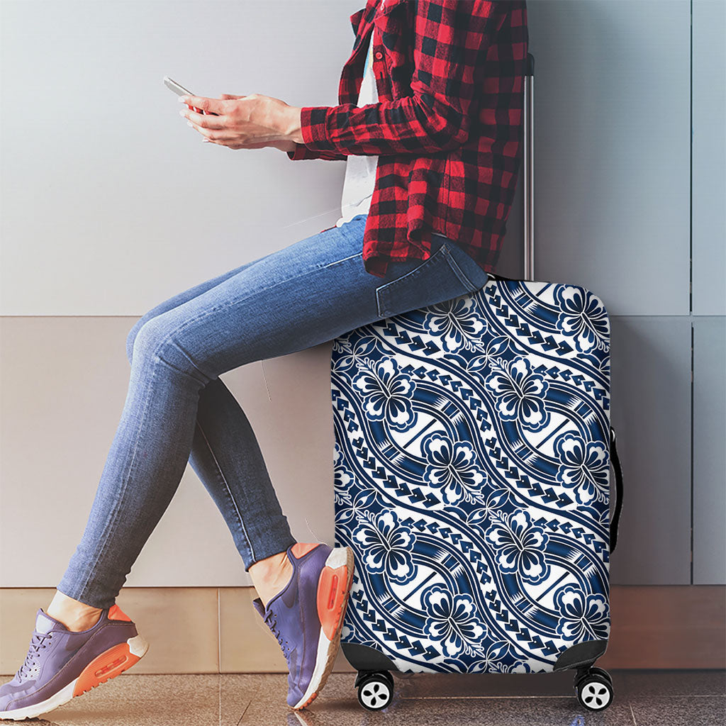 Hibiscus Bloom Island Tribal Waves Luggage Cover Blue Polynesian Pattern