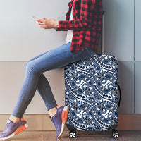 Hibiscus Bloom Island Tribal Waves Luggage Cover Blue Polynesian Pattern