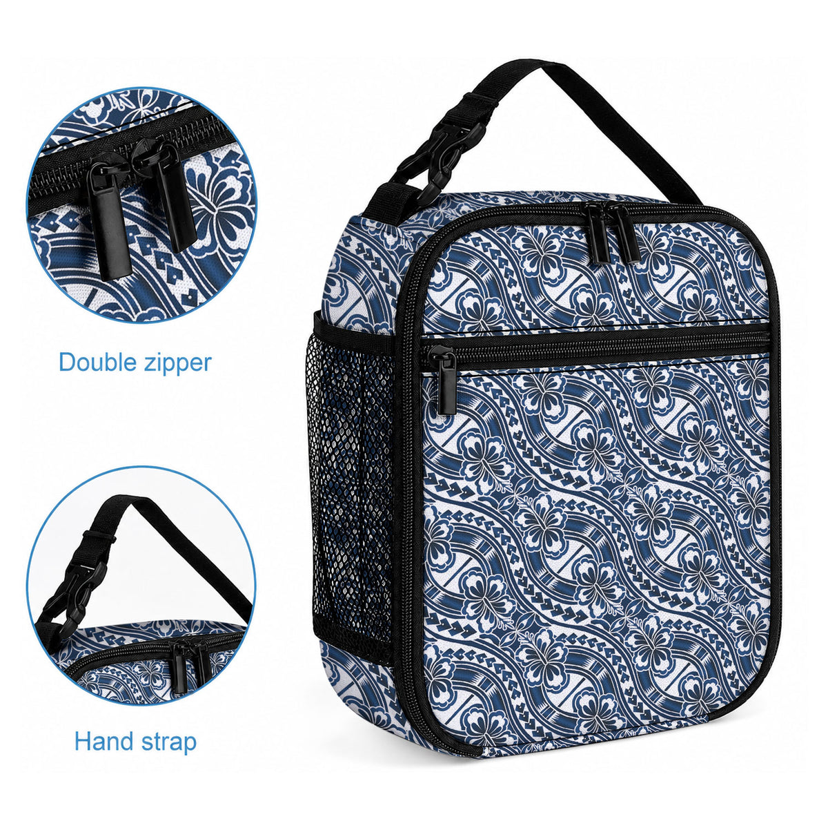 Hibiscus Bloom Island Tribal Waves Lunch Bag Blue Polynesian Pattern
