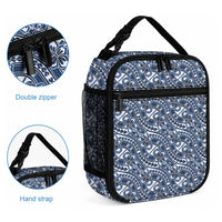 Hibiscus Bloom Island Tribal Waves Lunch Bag Blue Polynesian Pattern