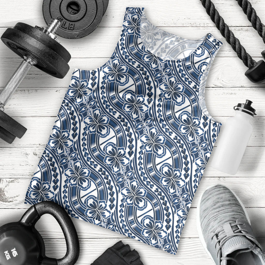 Hibiscus Bloom Island Tribal Waves Men Tank Top Blue Polynesian Pattern LT01 - Polynesian Pride