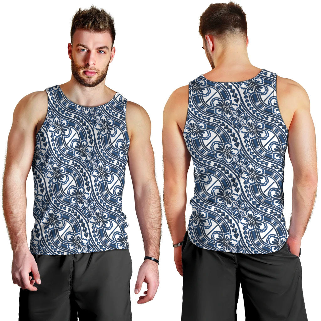 Hibiscus Bloom Island Tribal Waves Men Tank Top Blue Polynesian Pattern LT01 - Polynesian Pride