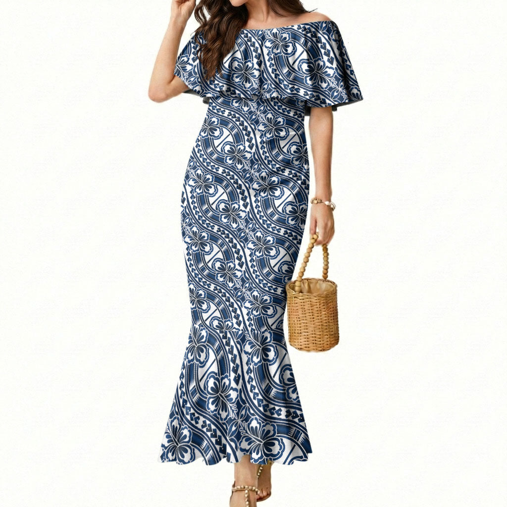 Hibiscus Bloom Island Tribal Waves Mermaid Dress Blue Polynesian Pattern