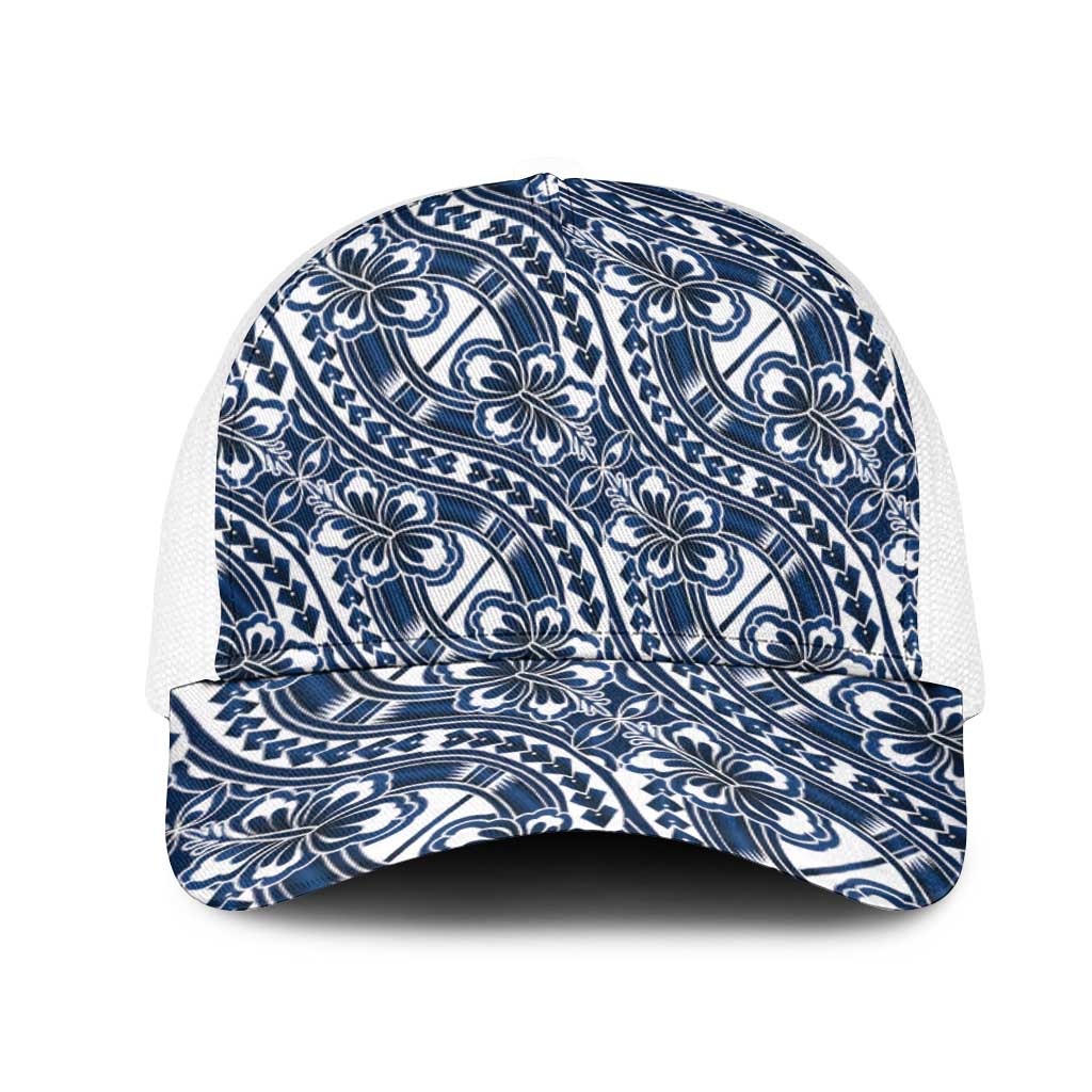 Hibiscus Bloom Island Tribal Waves Mesh Trucker Cap Blue Polynesian Pattern