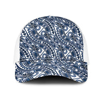 Hibiscus Bloom Island Tribal Waves Mesh Trucker Cap Blue Polynesian Pattern