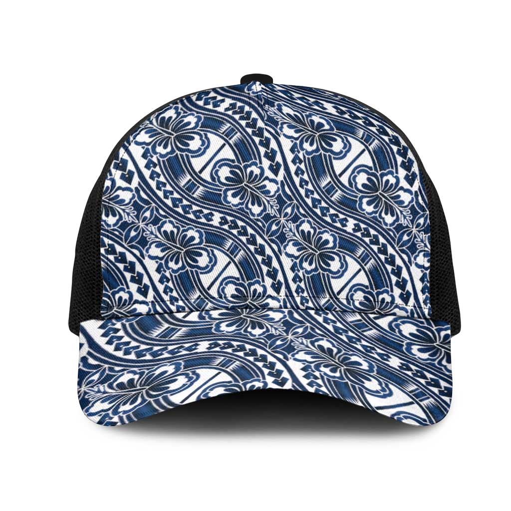 Hibiscus Bloom Island Tribal Waves Mesh Trucker Cap Blue Polynesian Pattern