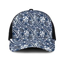Hibiscus Bloom Island Tribal Waves Mesh Trucker Cap Blue Polynesian Pattern
