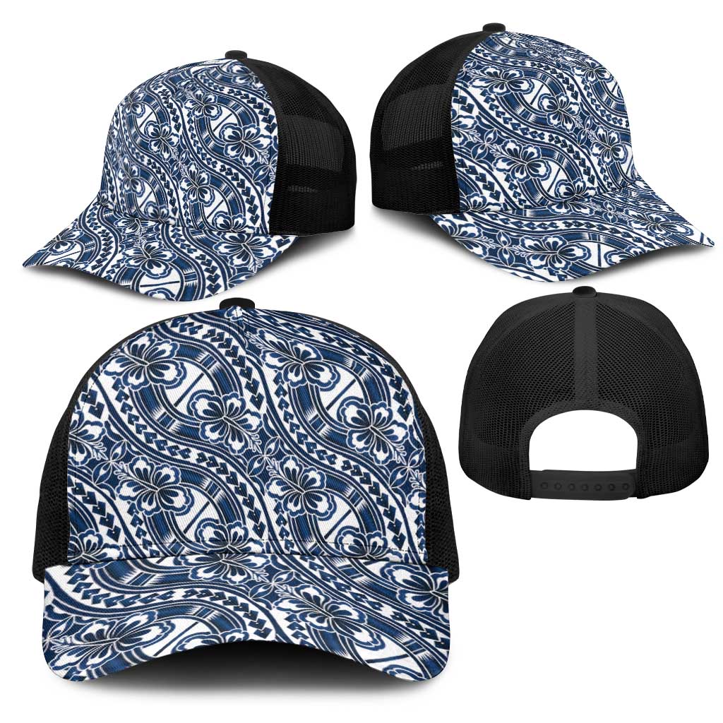 Hibiscus Bloom Island Tribal Waves Mesh Trucker Cap Blue Polynesian Pattern