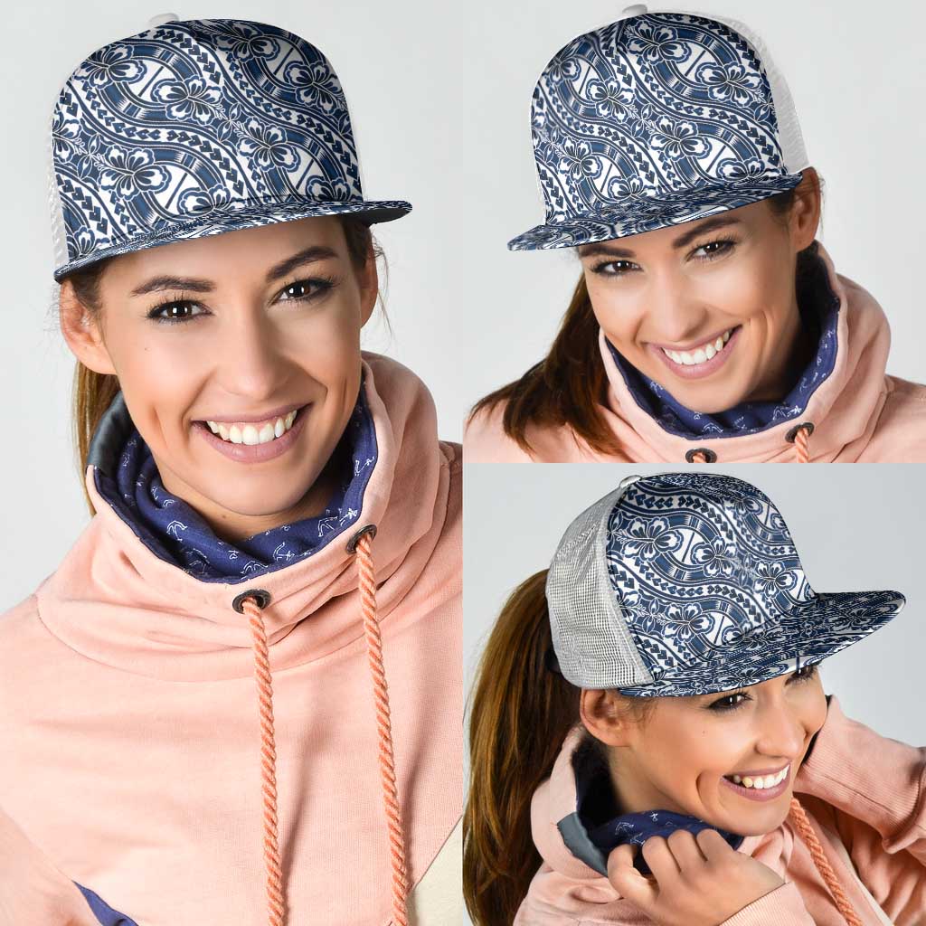 Hibiscus Bloom Island Tribal Waves Mesh Trucker Cap Blue Polynesian Pattern