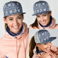 Hibiscus Bloom Island Tribal Waves Mesh Trucker Cap Blue Polynesian Pattern