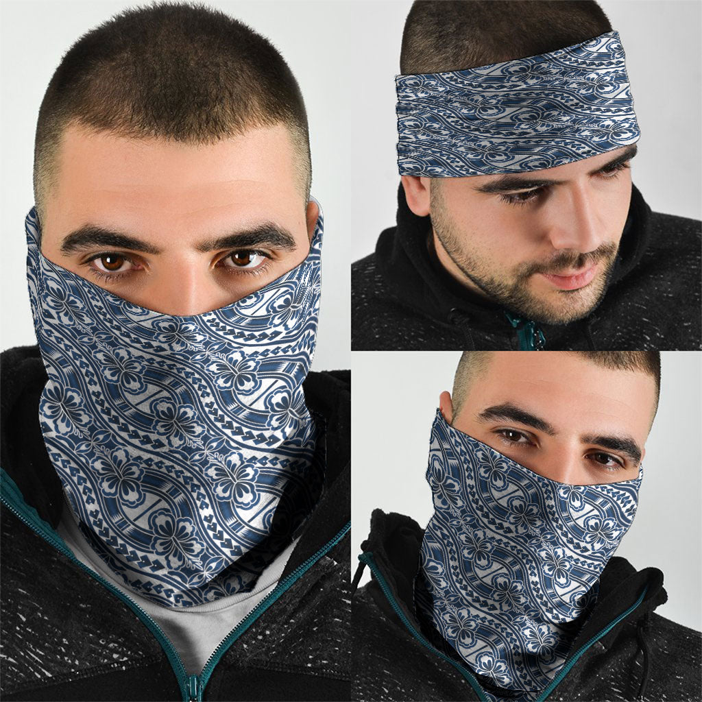 Hibiscus Bloom Island Tribal Waves Neck Gaiter Blue Polynesian Pattern