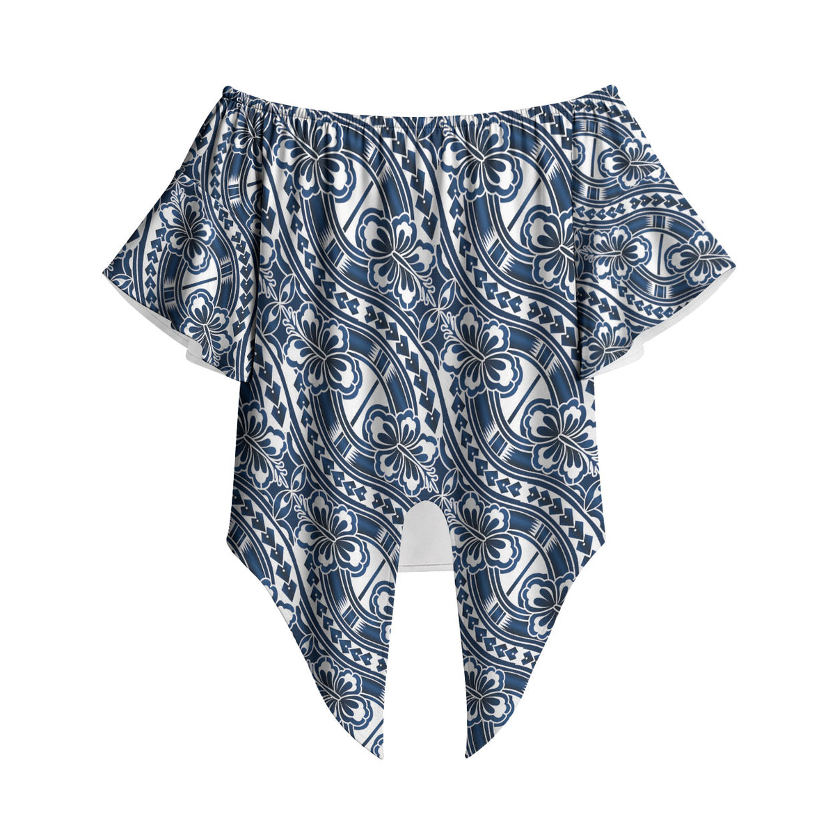 Hibiscus Bloom Island Tribal Waves Off Shoulder Wrap Waist Top Blue Polynesian Pattern