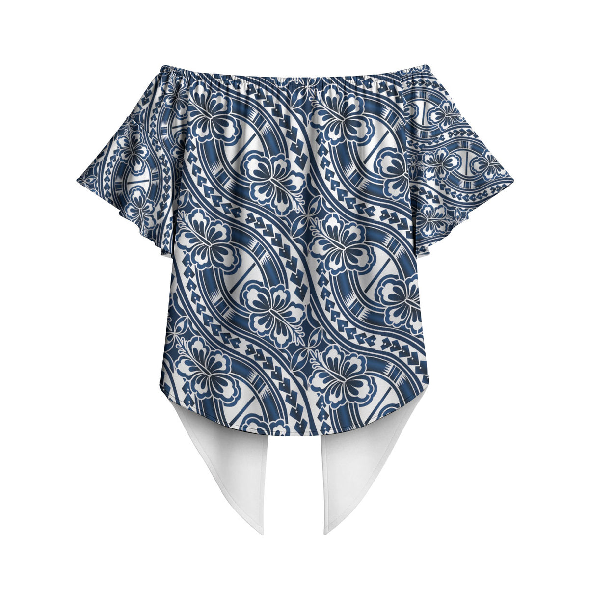 Hibiscus Bloom Island Tribal Waves Off Shoulder Wrap Waist Top Blue Polynesian Pattern