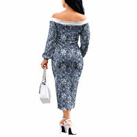 Hibiscus Bloom Island Tribal Waves Off The Shoulder Long Sleeve Dress Blue Polynesian Pattern LT01 - Polynesian Pride