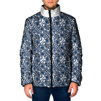 Hibiscus Bloom Island Tribal Waves Padded Jacket Blue Polynesian Pattern