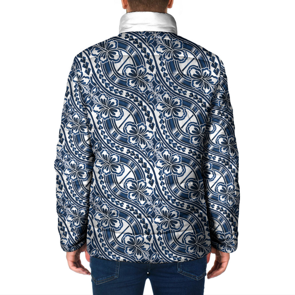 Hibiscus Bloom Island Tribal Waves Padded Jacket Blue Polynesian Pattern