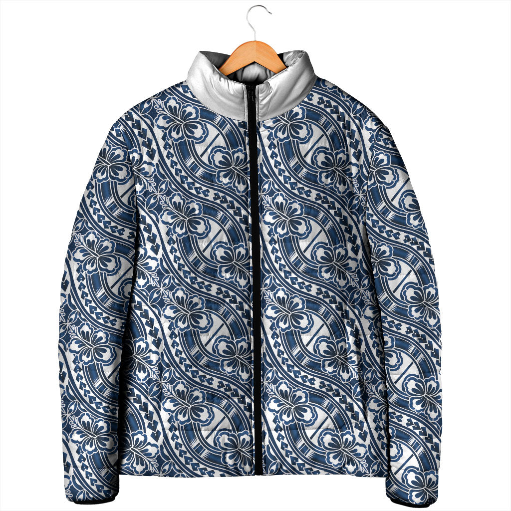 Hibiscus Bloom Island Tribal Waves Padded Jacket Blue Polynesian Pattern